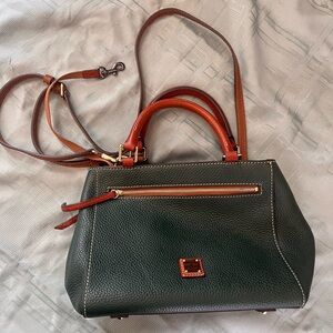 Dooney & Bourke Pebble Grain Small Zip Satchel in Dark Green with Tan Trim